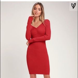 Lulu’s Brick Red Ribbed Bodycon Sweater Dress